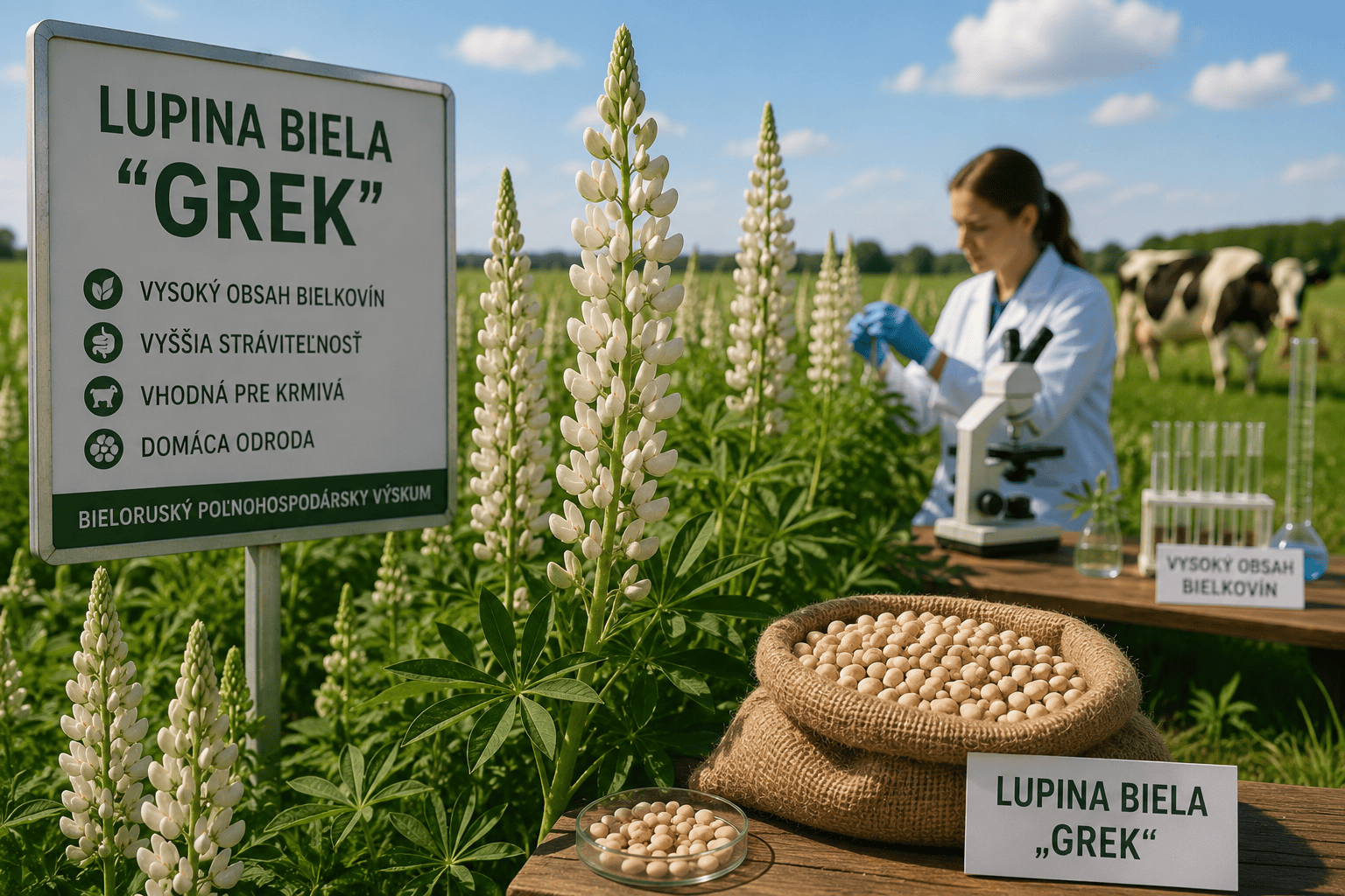 Detailný pohľad na dozrievajúce struky a semená lupiny bielej na slovenskom ekologickom poli
