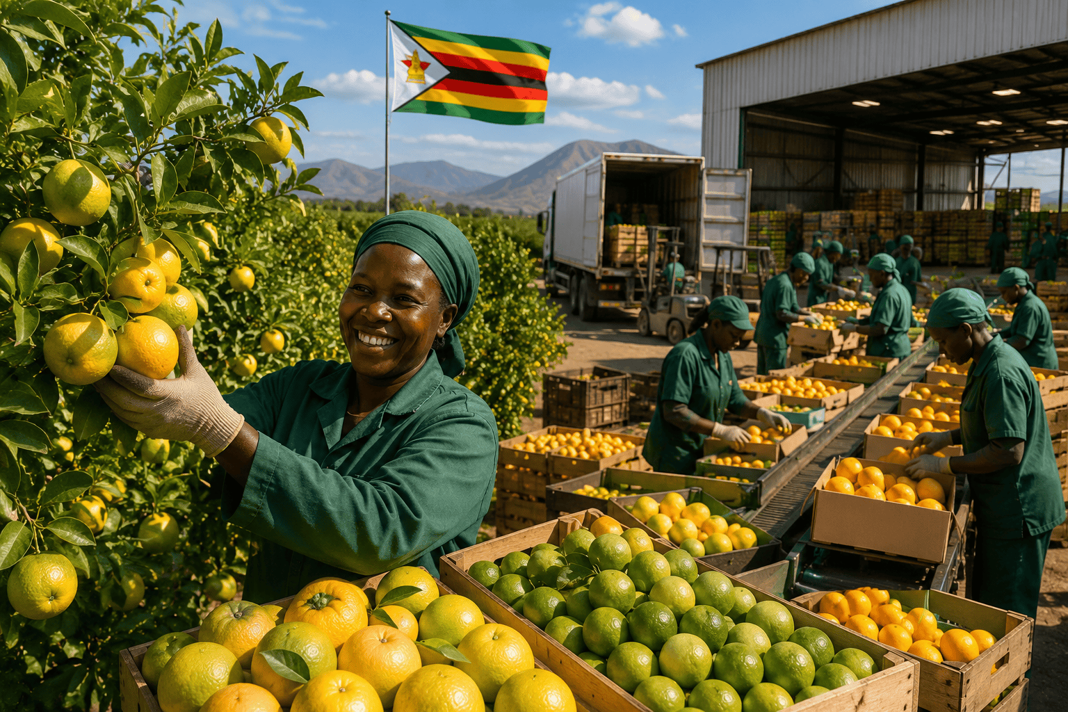 Balenie čerstvých pomarančov a citrónov na export v modernej baliarni ovocia v Zimbabwe