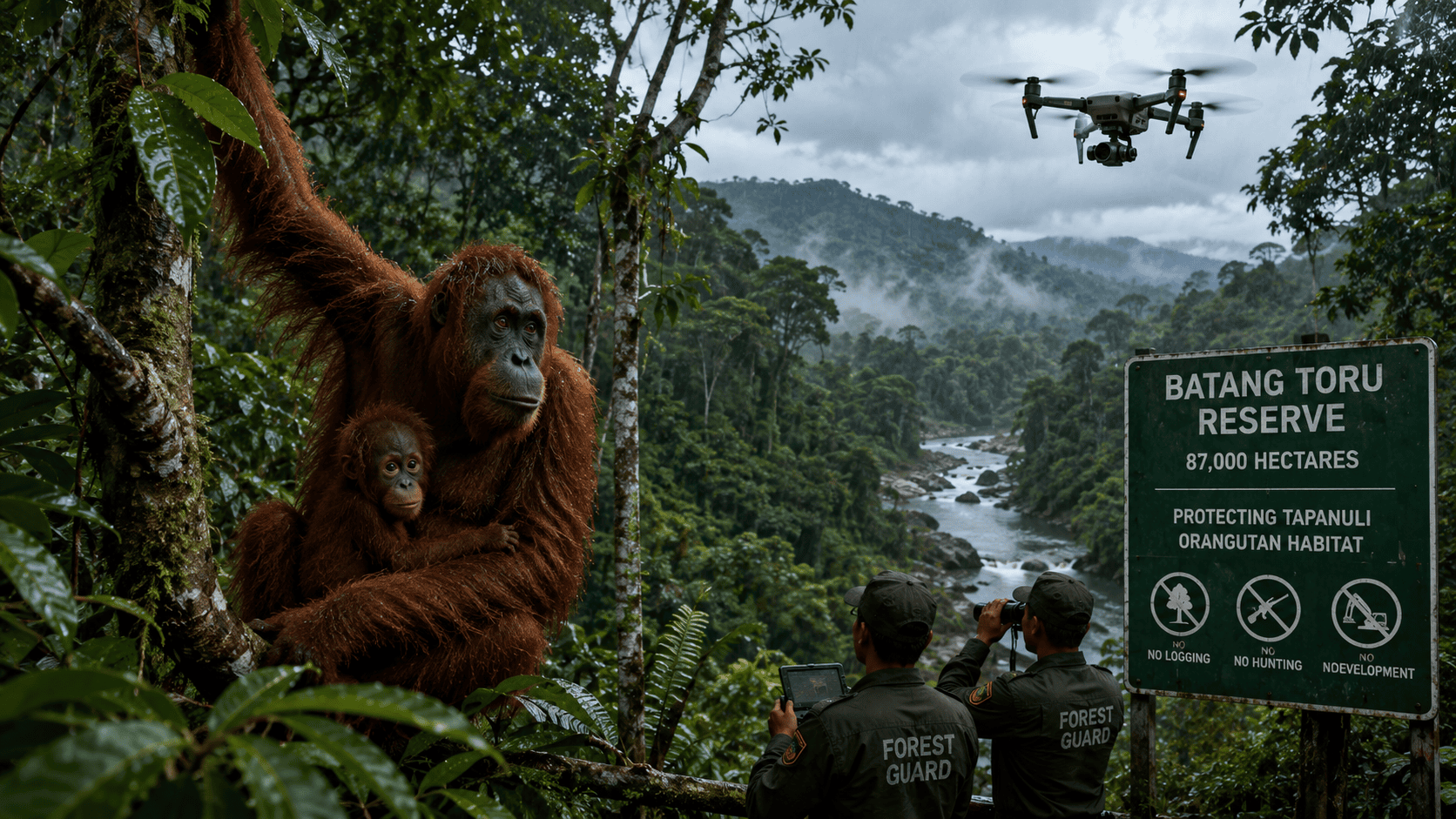 Vzácny orangutan tapanulijský sedí na strome v hlbokom indonézskom dažďovom pralese na Sumatre