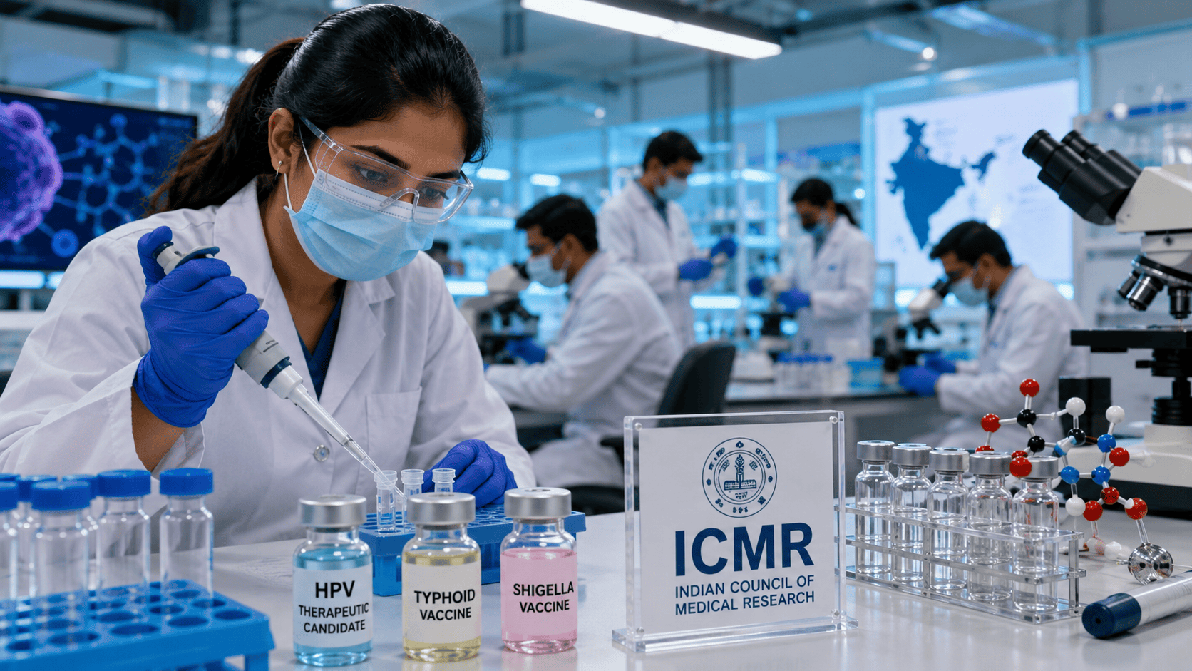 Indickí farmaceutickí vedci pracujú v špičkovom laboratóriu na výrobe vakcín novej generácie proti týfusu