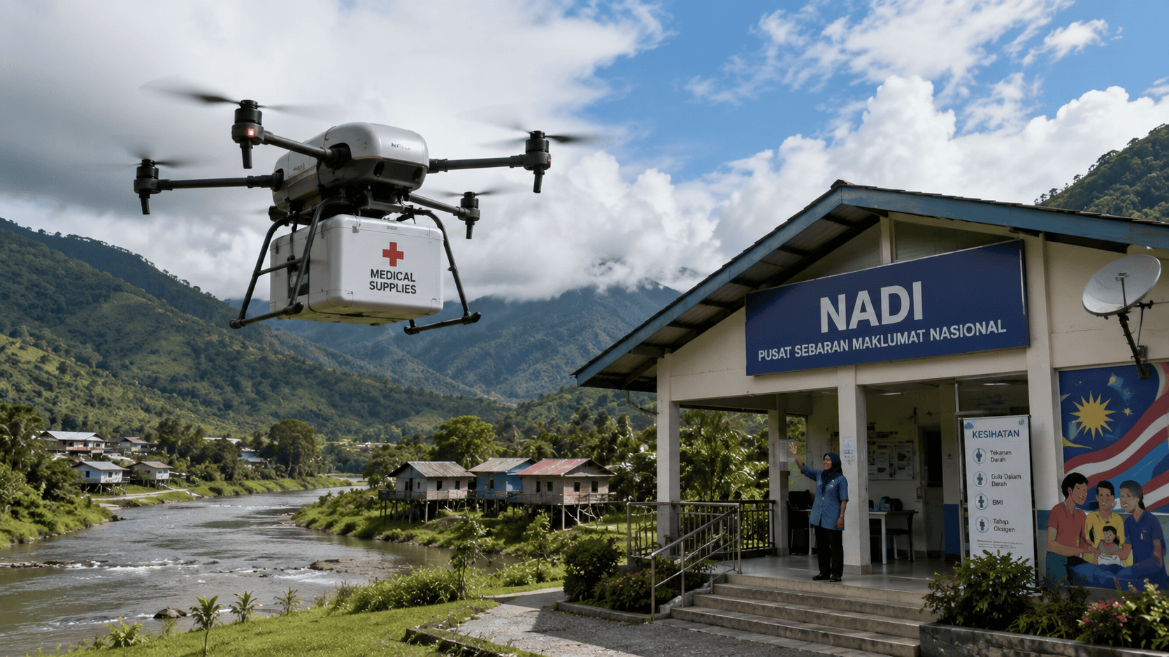 Moderný bezpilotný dron nesie špeciálny chladiaci box s liekmi nad odľahlou vidieckou oblasťou v Malajzii