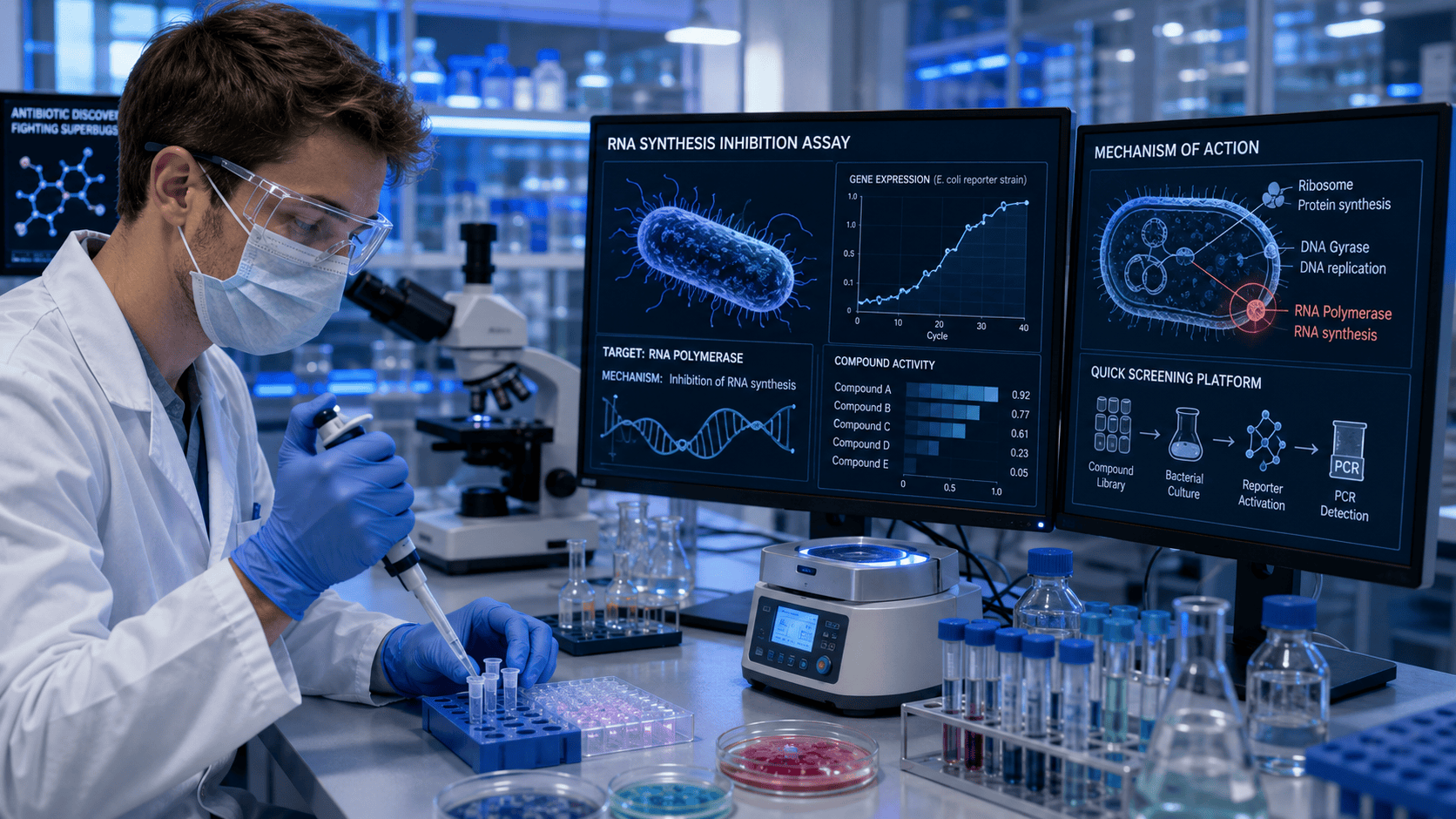 Laboratórny kmeň baktérie E. coli pod mikroskopom pri testovaní vplyvu látok na syntézu RNA