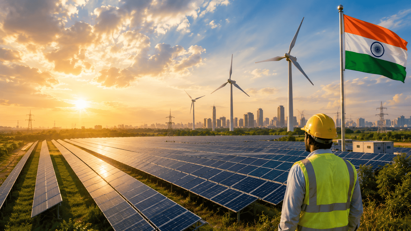 Obrovské polia solárnych panelov v Indii ako symbol rozvoja zelenej energetiky do roku 2030