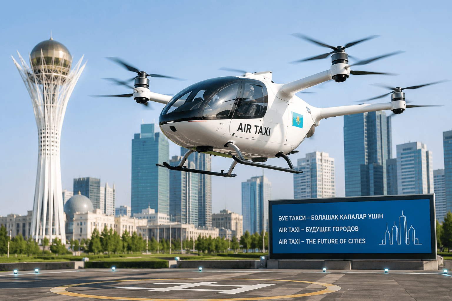 Elektrické osobné aerotaxi eVTOL s vertikálnym vzletom úspešne stúpa k oblohe počas testovacieho letu v Astane