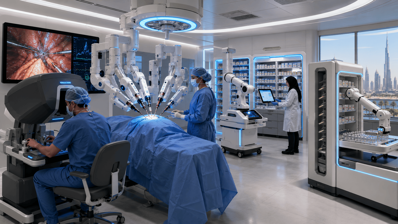 Pokročilý chirurgický robotický systém Da Vinci vykonáva minimálne invazívnu operáciu v nemocnici v SAE
