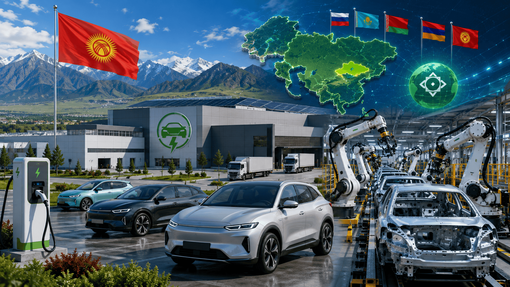 Moderná montážna hala v novom kirgizskom priemyselnom klastri na výrobu a montáž ekologických elektromobilov