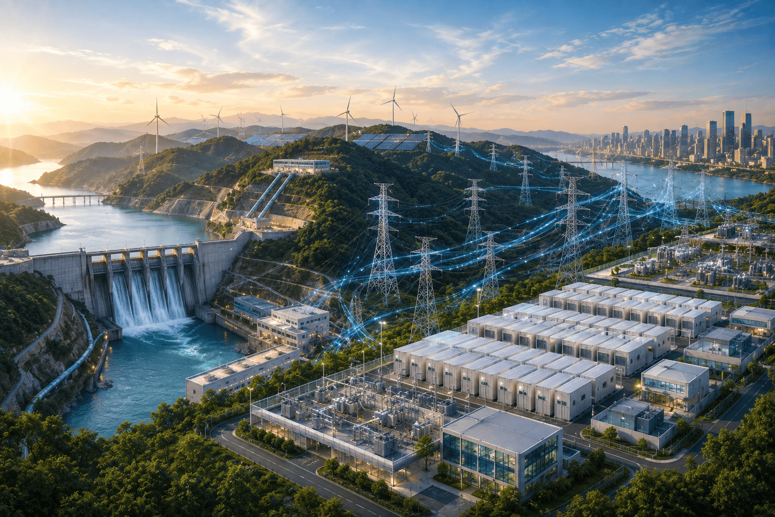 Architektonický pohľad na modernú prečerpávaciu vodnú elektráreň zabezpečujúcu ukladanie energie v Číne