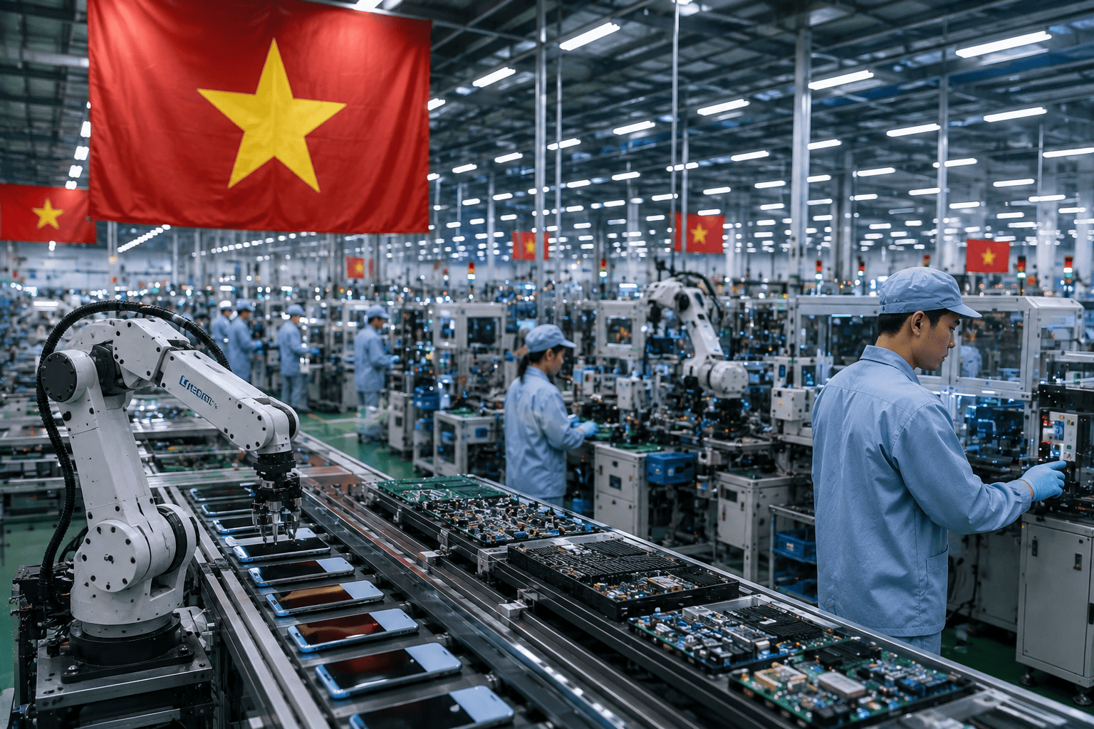 Tím vietnamských programátorov a inžinierov vyvíja nový softvér v modernom technologickom parku v Hanoji