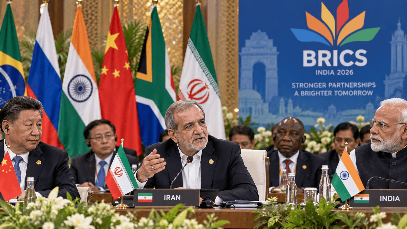 Iránsky prezident Masúd Pezeškiján reční na summite aliancie BRICS v Indii.