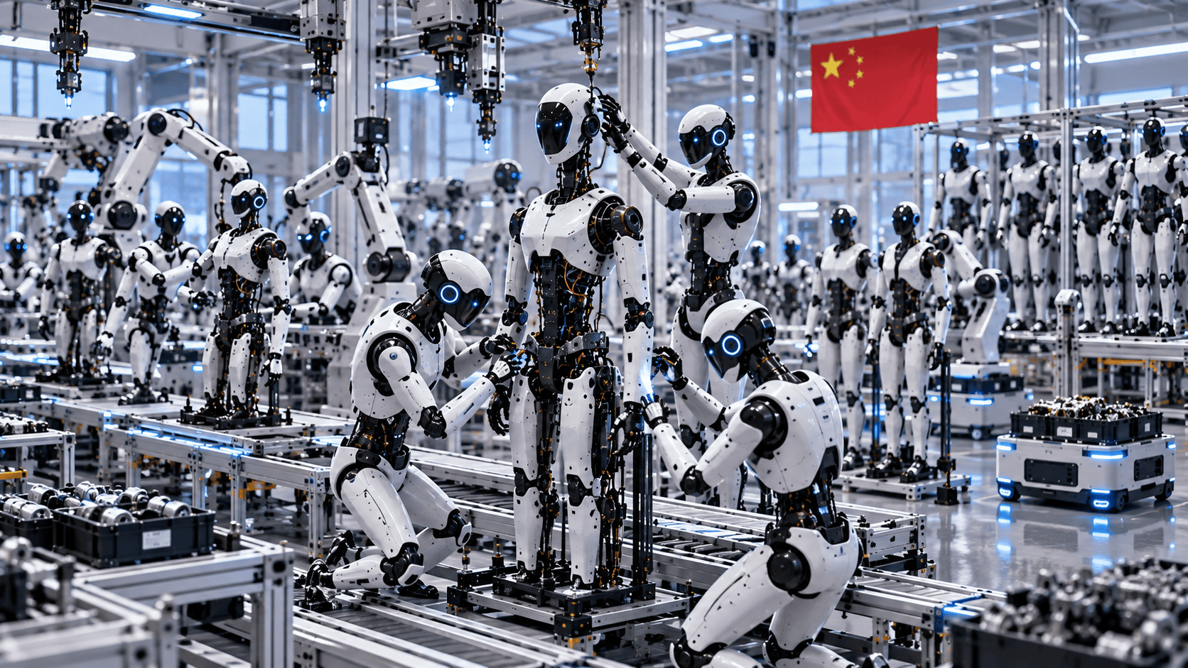Automatizovaná montážna linka a inteligentní humanoidní roboti vyrábajúci komponenty v čínskom závode.