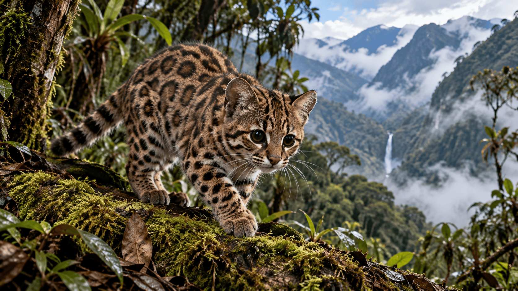 Malá škvrnitá šelma Leopardus tilcayo a novoobjavený nový druh divokej mačky v horskom lese Ánd