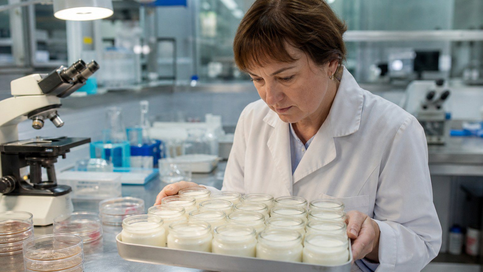 Vedec skúma vzorky jogurtu s probiotikami v laboratóriu