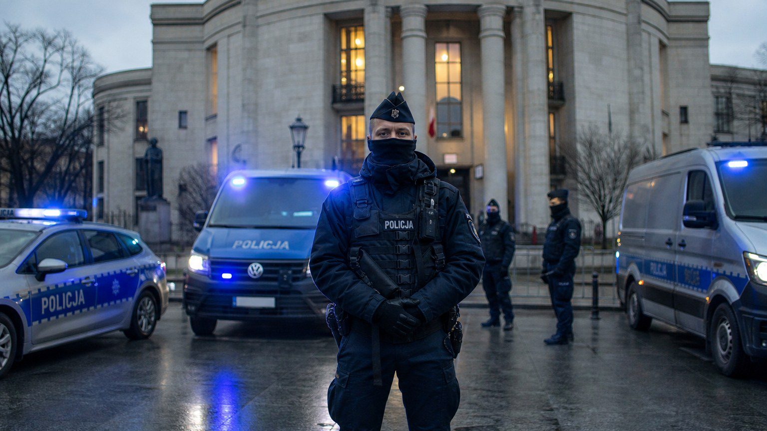 Policajné vozidlá pred budovou poľskej vlády po hlásení o vyhrážkach Tuskovi